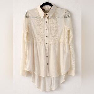 Ivory Lace Button Front Blouse Cottagecore Romantic Boho Long Sleeve Top